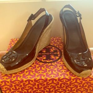Tory Burch Brown Patent Leather Wedge Espadrille